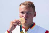 <p>Gold medalist Marcus Walz of Spain celebrates during the medal ceremony during the Men’s Kayak Single 1000m Final A on Day 11 of the Rio 2016 Olympic Games at the Lagoa Stadium on August 16, 2016 in Rio de Janeiro, Brazil. (Photo by Tom Pennington/Getty Images) </p>