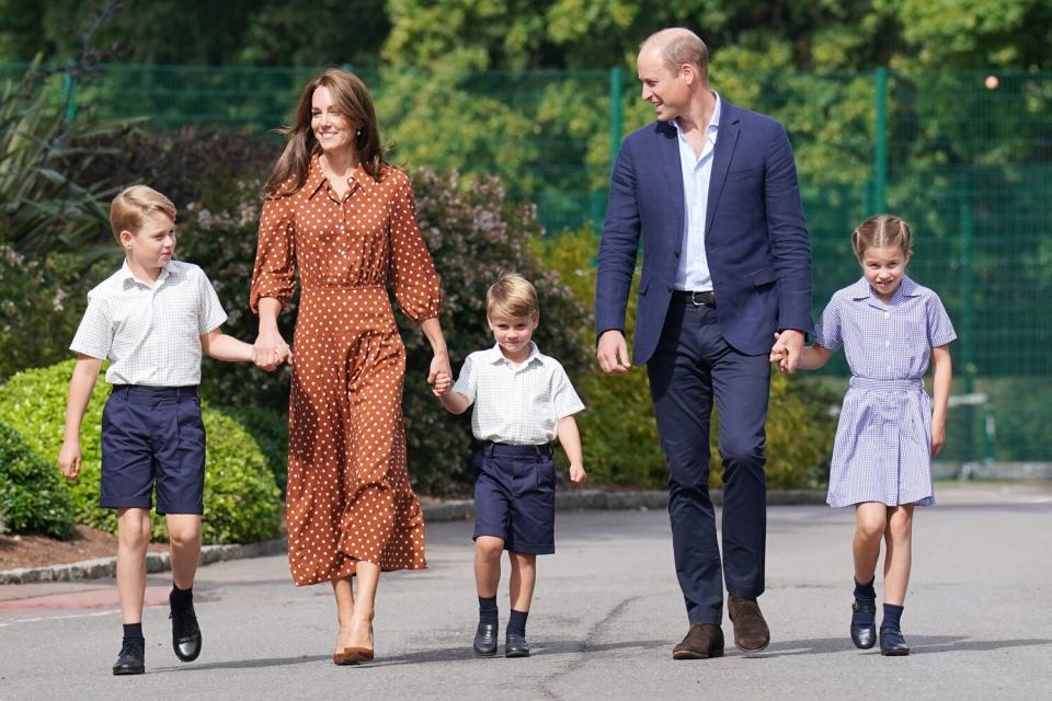 Prince George, Princess Charlotte and Prince Louis, accompanied by their parents the Duke and Duchess of Cambridge, arrive for a settling in afternoon at Lambrook School, near Ascot in Berkshire