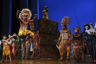 "The Lion King" cast appear at the curtain call following their first show back after the COVID-19 shutdown, at the Minskoff Theatre on Tuesday, Sept. 14, 2021, in New York. (Photo by Charles Sykes/Invision/AP)