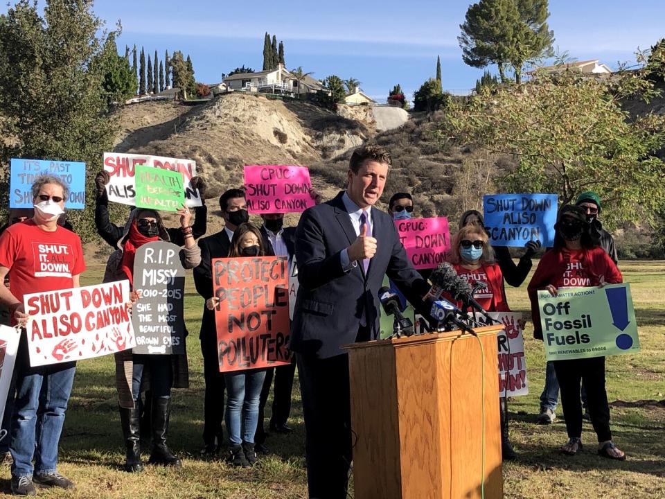 State Sen. Henry Stern speaks at a news conference.