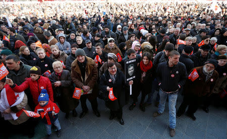 People attend a rally to support opposition TV channel Rustavi 2 in Tbilisi, Georgia February 19, 2017. REUTERS/David Mdzinarishvili