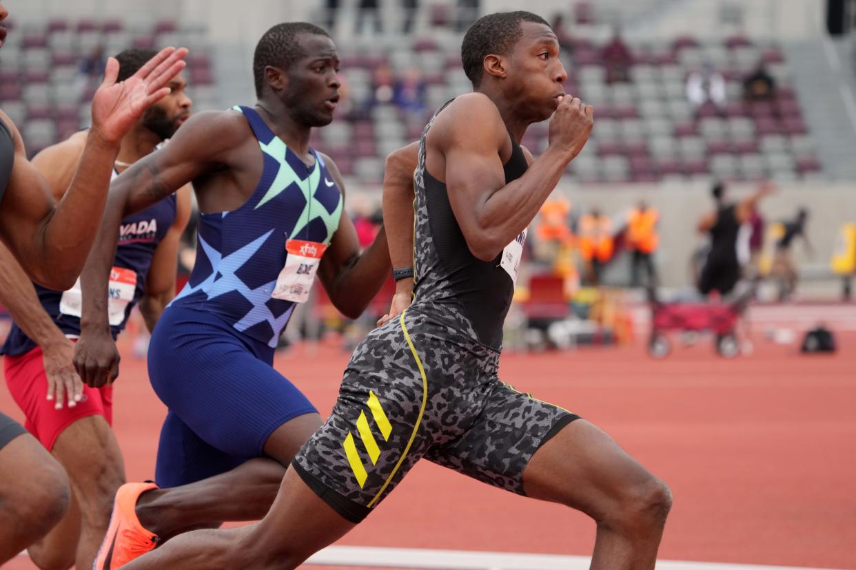 May 9, 2021; Walnut, CA, USA;  Erriyon  Knighton  (USA) wins 200m haet in 20.30 during the USATF Golden Games at Hilmer Lodge Stadium. Mandatory Credit: Kirby Lee-USA TODAY Sports