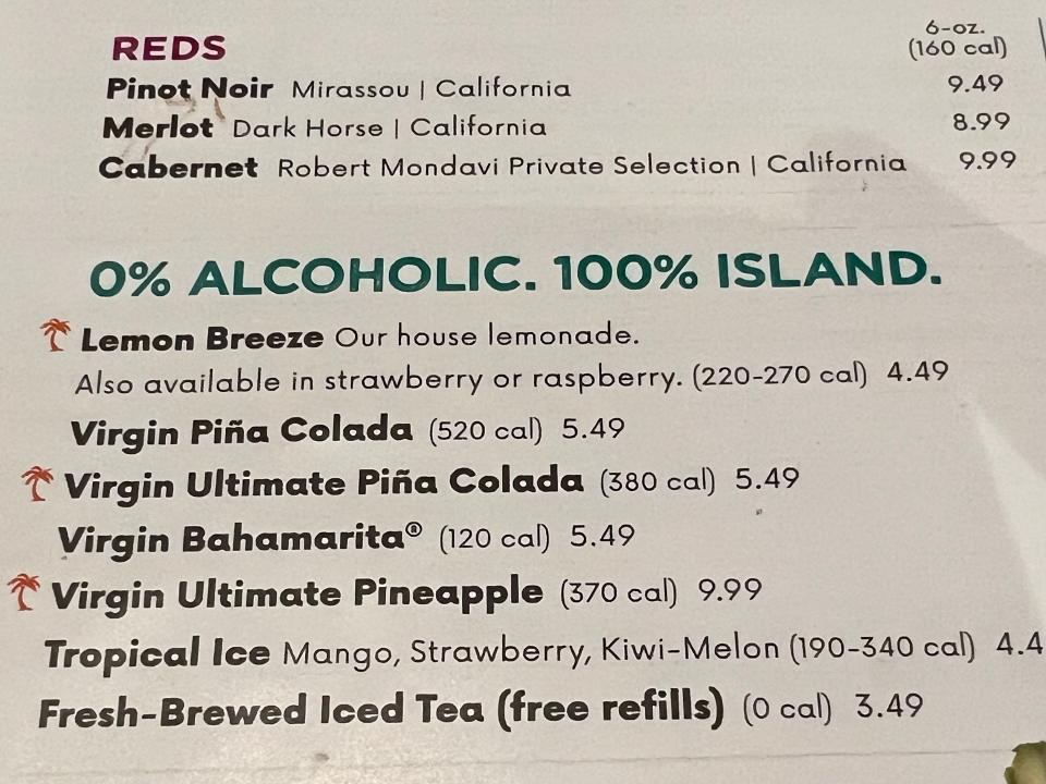 nonalcoholic drinks at bahama breeze menu