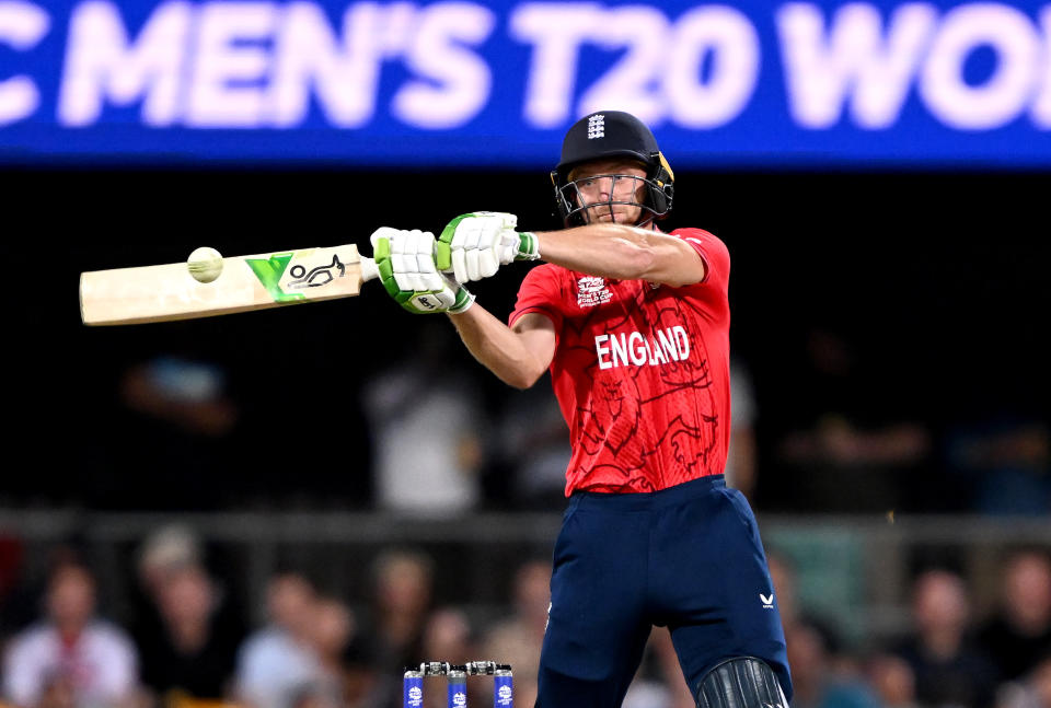 Seen here, England batter Jos Buttler plays a shot against New Zealand in Brisbane. 