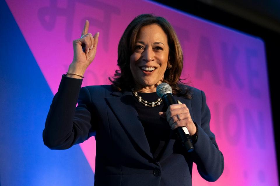 Vice President Kamala Harris speaks to the Indian American Impact Project's Annual Summit, May 15, 2024, in Washington (AP)
