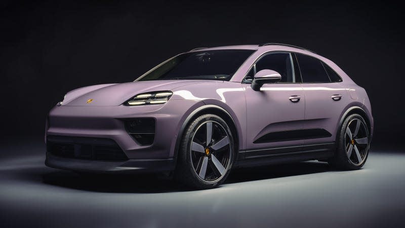 Front 3/4 view of a lavender 2024 Porsche Macan EV