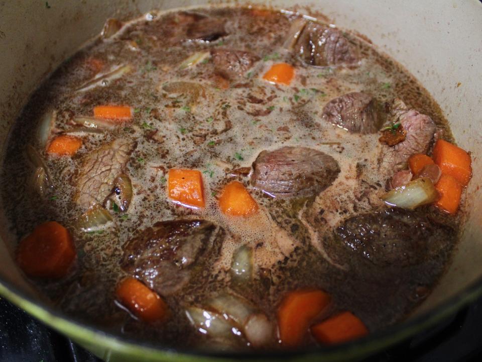 the beef bourguignon with the wine and stock