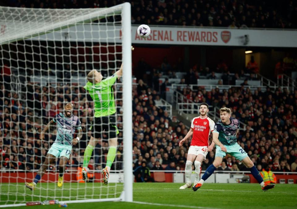 But the goalkeeper then saved Arsenal to keep out Toney and Collins (Action Images via Reuters)