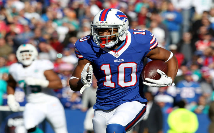 Nov 8, 2015; Orchard Park, NY, USA; Buffalo Bills wide receiver Robert Woods (10) runs the ball after a handoff during the first half against the Miami Dolphins at Ralph Wilson Stadium. Mandatory Credit: Timothy T. Ludwig-USA TODAY Sports