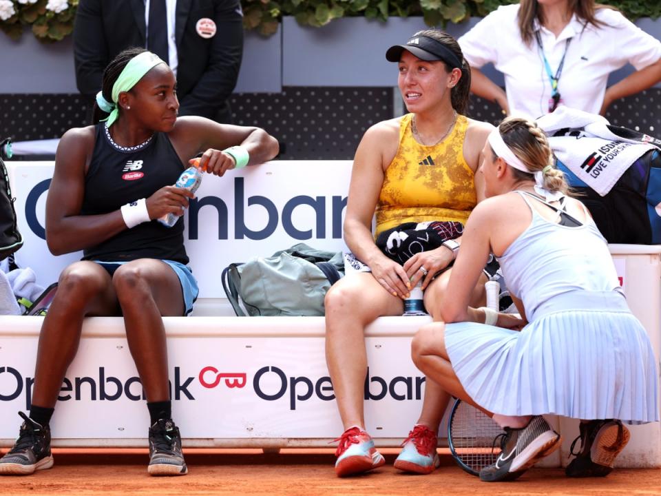 The women’s doubles finalists, including Jessica Pegula (centre), were not allowed to make speeches in Madrid  (Getty Images)