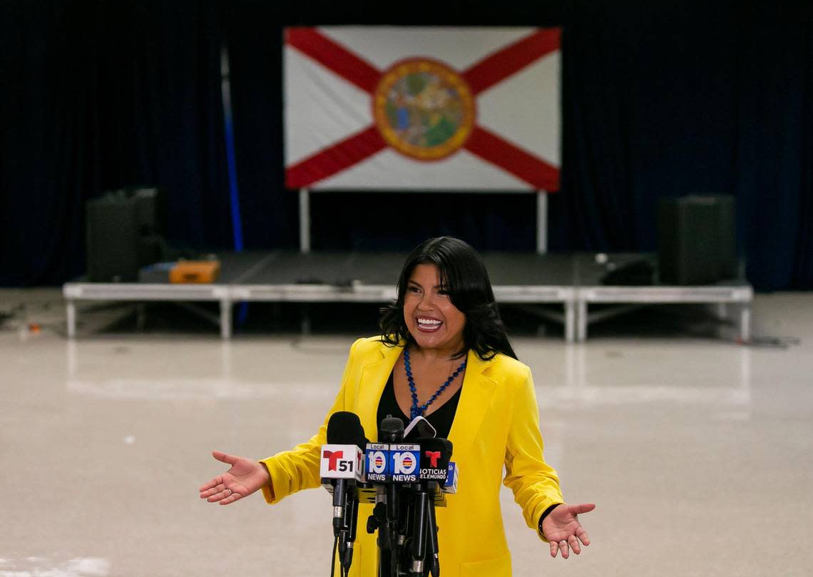 Karla Hernández-Mats, the president of United Teachers of Dade and a vice president of the American Federation of Teachers, holds a press conference at Hialeah Middle Community School on Saturday, Aug. 27, 2022, in Hialeah, Fla. Charlie Crist announced that he selected Hernandez-Mats as his running mate in the race against Ron DeSantis for Florida governor. MATIAS J. OCNER/mocner@miamiherald.com