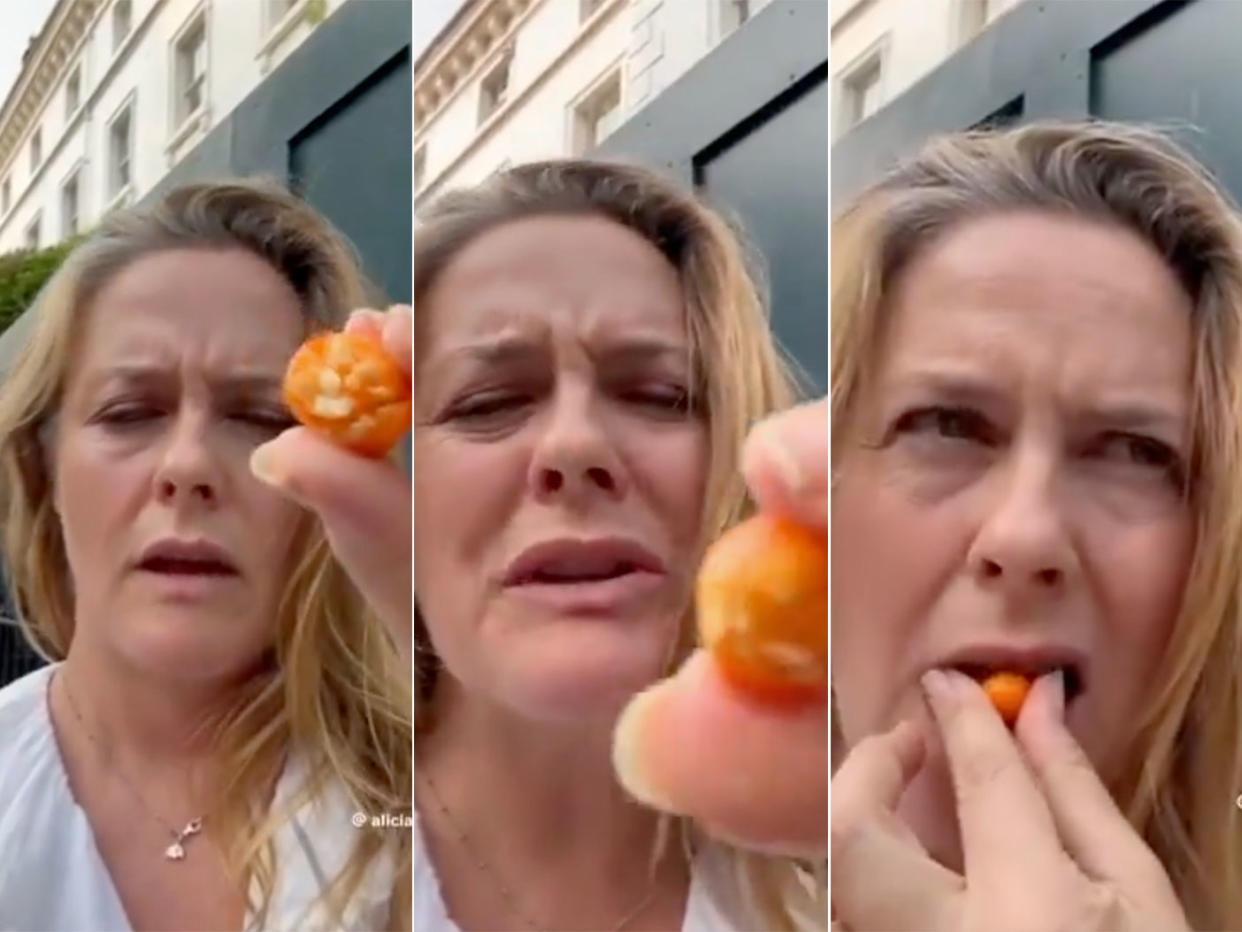 Alicia Silverstone was in London when she shared the clip of her eating the unidentified fruit. (TikTok/Alicia Silverstone)