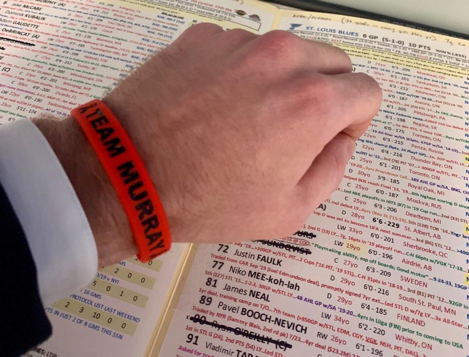 The wristband worn by Chicago Blackhawks broadcaster Alan Fuehring before a game against St. Louis, in support of Chicago radio analyst Troy Murray, who is fighting cancer.