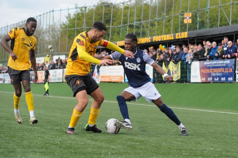 Top scorer Isaac Buckley-Ricketts - seen here in action during Saturday's 0-0 draw at Rushall Olympic - will be a key retention priority for Warrington Town this summer <i>(Image: Sean Walsh)</i>