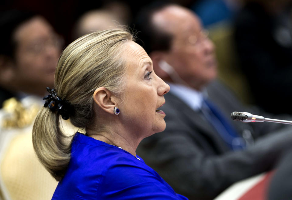 U.S. Secretary of State Hillary Rodham Clinton speaks during the second Friends of the Lower Mekong Ministerial meeting at Peace Palace Friday, July 13, 2012 in Phnom Penh, Cambodia. (AP Photo/Brendan Smialowski, Pool)