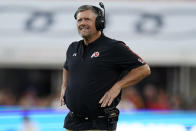 Utah coach Kyle Whittingham watches from the sideline during the first half of the team's NCAA college football game against Southern California on Saturday, Oct. 9, 2021, in Los Angeles. (AP Photo/Marcio Jose Sanchez)