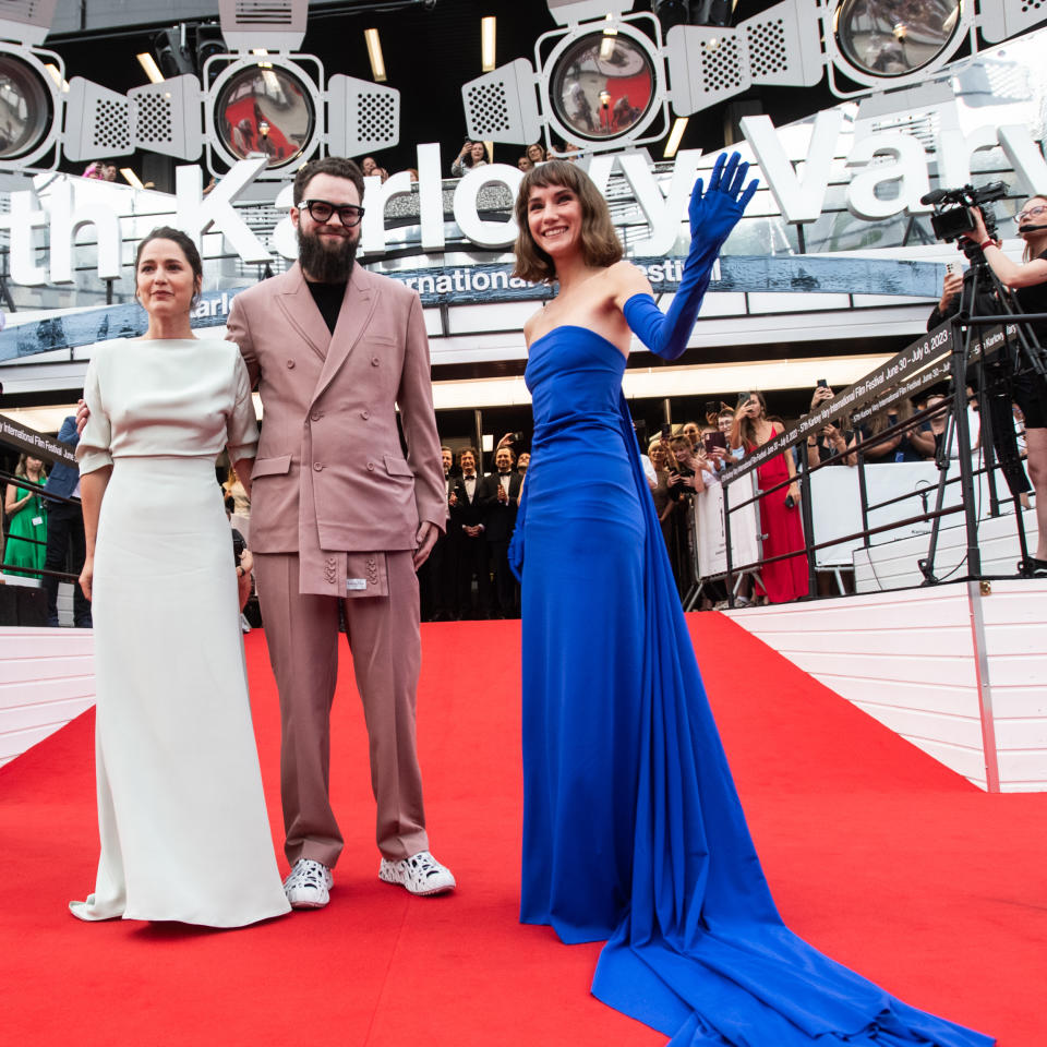 'We Have Never Been Modern' producer and casting director Maja Hamplova, director Matej Chlupacek and actress Eliska Krenkova arrive for the film's premiere at the Karlovy Vary International Film Festival