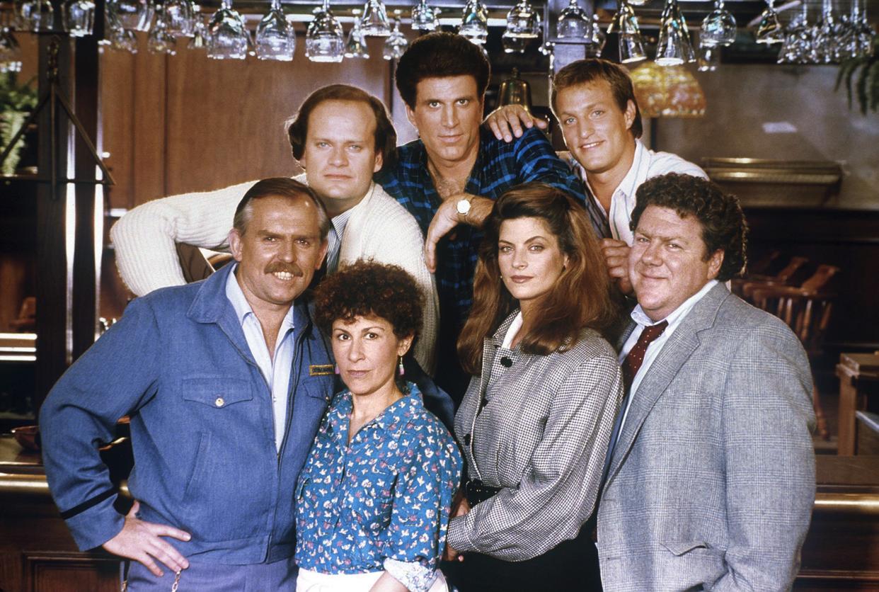 CHEERS -- Pictured: (top) Kelsey Grammer as Dr. Frasier Crane, Ted Danson as Sam Malone, Woody Harrelson as Woody Boyd, (bottom) John Ratzenberger as Cliff Clavin, Rhea Perlman as Carla Lozupone Tortelli LeBec,  Kirstie Alley as Rebecca Howe, George Wendt as Norm Peterson-- Photo by: NBCU Photo Bank

 
