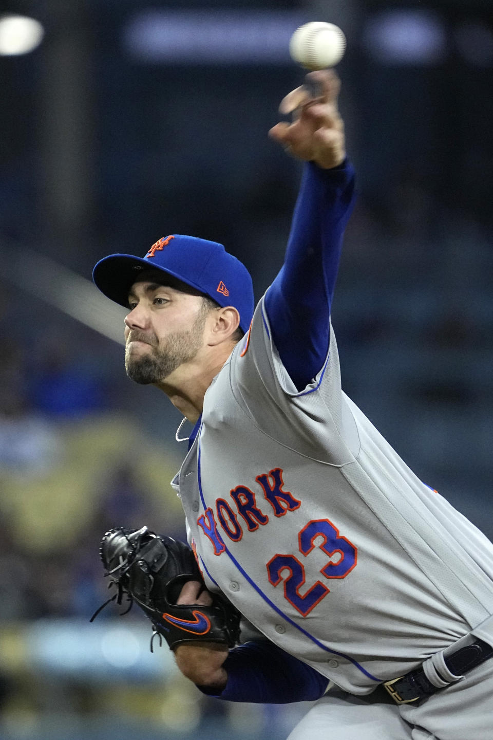 New York Mets starting pitcher David Peterson throws to the plate during the first inning of a baseball game against the Los Angeles Dodgers Monday, April 17, 2023, in Los Angeles. (AP Photo/Mark J. Terrill)