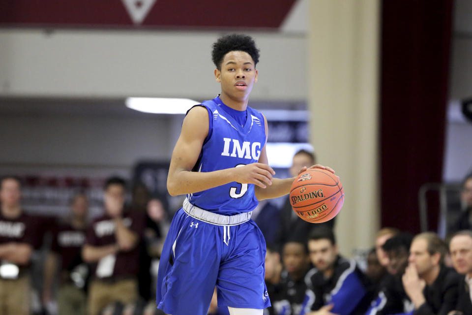 IMG Post Grad National’s Anfernee Simons #3 in action against Vermont Academy during a high school basketball game at the Hoophall Classic, Sunday, January 14, 2018, in Springfield, Massachusetts. (AP)