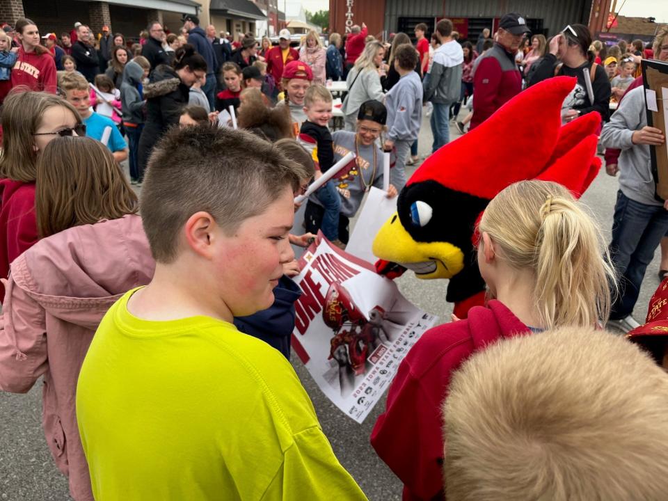 Cy the Cyclone mascot was a hit at the Iowa State Tailgate Tour stop in Paton Monday.