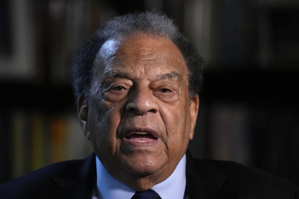 Civil Rights icon Andrew Young speaks during an interview with The Associated Press on Wednesday, Aug. 16, 2023, in Atlanta. (AP Photo/Brynn Anderson)