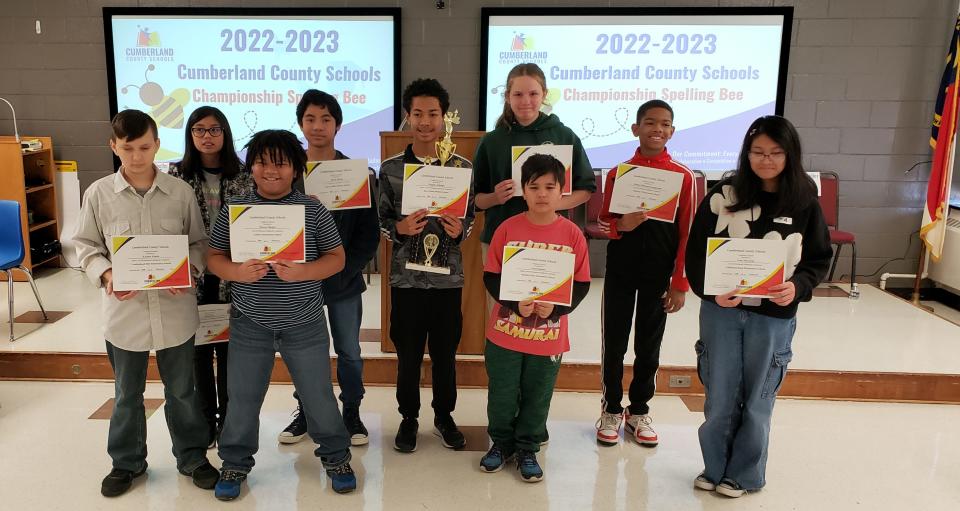 Finalists for the Cumberland County Level III spelling bee, held Friday, Feb. 10, 2023, at the Educational Resource Center in Fayetteville, NC. From left, they are Kaidon Echols of Cumberland Mills Elementary School; Julia Lim, Cumberland Virtual Academy K-5; Devon Harper, Ashley Elementary; Jacob Jabola, John Griffin Middle; Angelo Aldoph, the bee champion, Max Abbott Middle; Emily Staneata, St. Patrick Catholic School; Yusuf Rajabi, VanStory Hills Elementary; Makai Sillekens-Longworth, District 7 Elementary; and Lian Moralejo, Alderman Road Elementary.