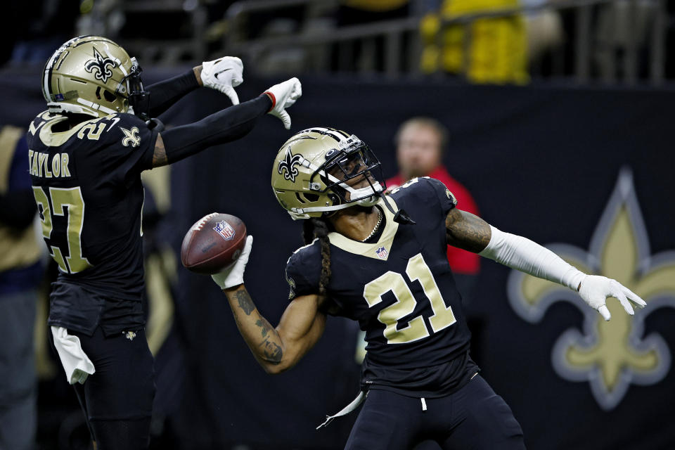 NEW ORLEANS, LOUISIANA – DECEMBER 18: Bradley Roby #21 of the New Orleans Saints reacts after a play during the second half in the game against the Atlanta Falcons at Caesars Superdome on December 18, 2022 in New Orleans, Louisiana. (Photo by Chris Graythen/Getty Images)