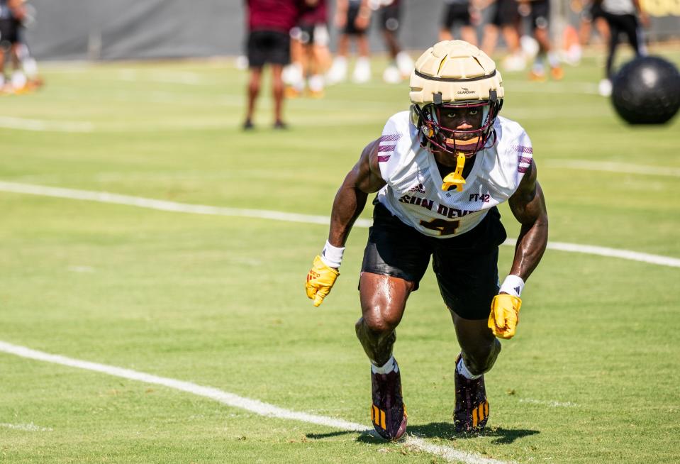 Cornerback Demetries Ford participates in drills during ASU football practice at the Kajikawa Practice fields in Tempe on Aug. 1, 2023.