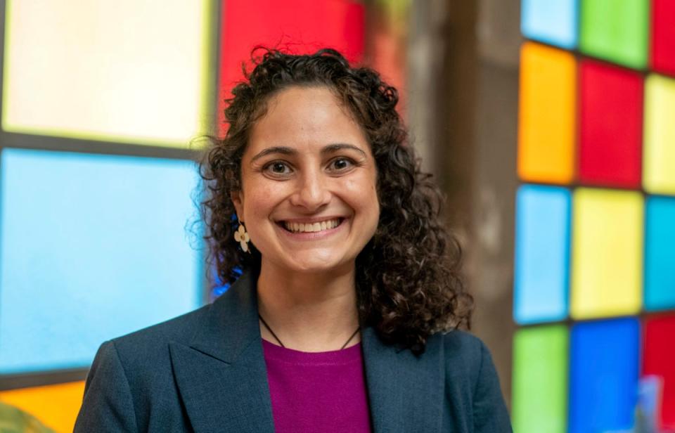 Samantha Woll, president of the board at the Isaac Agree Downtown Synagogue poses for a photo in Detroit, Oct. 13, 202