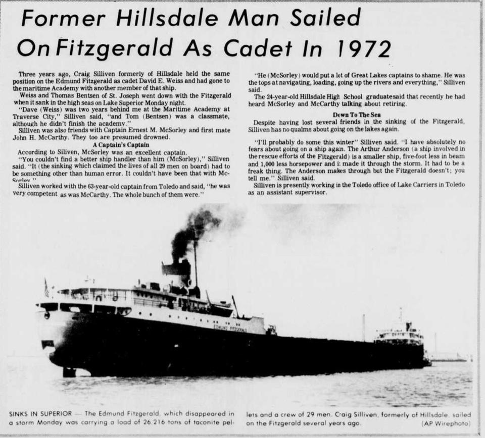 A story about the Edmund Fitzgerald from the Nov. 13, 1975, edition of The Hillsdale Daily News.