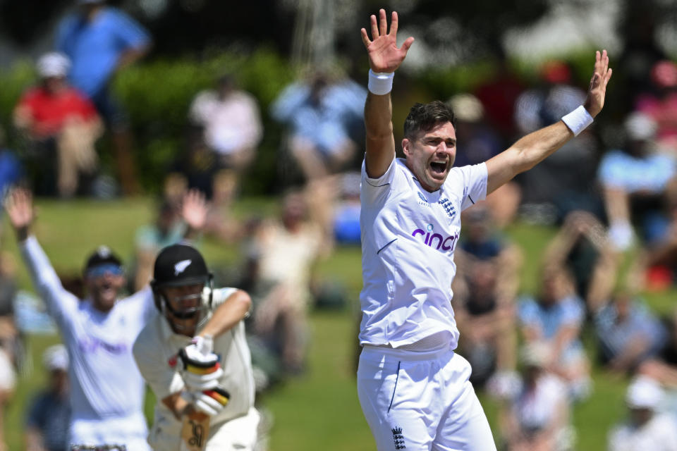 England's James Anderson appeals successfully for a LBW decision to dismiss New Zealand's Scott Kuggeleijn on the fourth day of their cricket test match in Tauranga, New Zealand, Sunday, Feb. 19, 2023. (Andrew Cornaga/Photosport via AP)