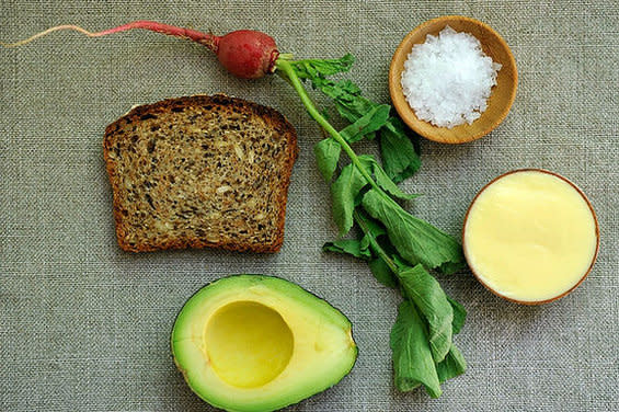 Tartine with Mustard Mayo and Mashed Avocado and Radishes with Butter and Salt