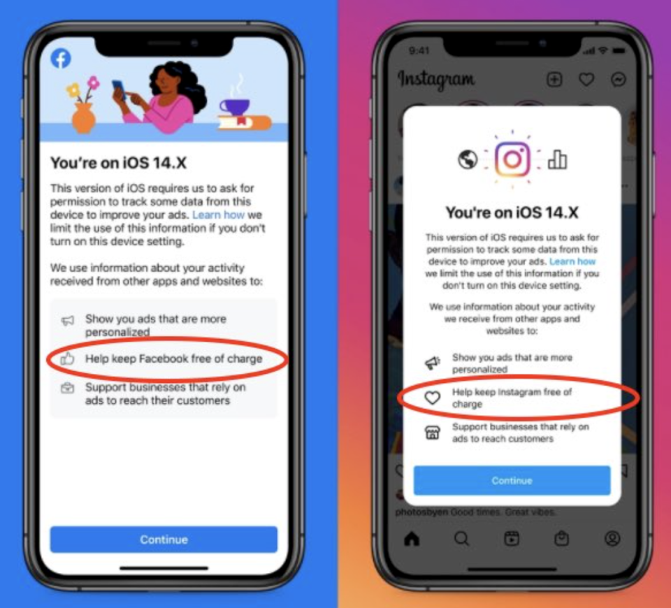 El aviso que han vistro algunos usuarios de iPhone en el que Facebook (izquierda) e Instagram (derecha) amenazan con hacerse de pago. 