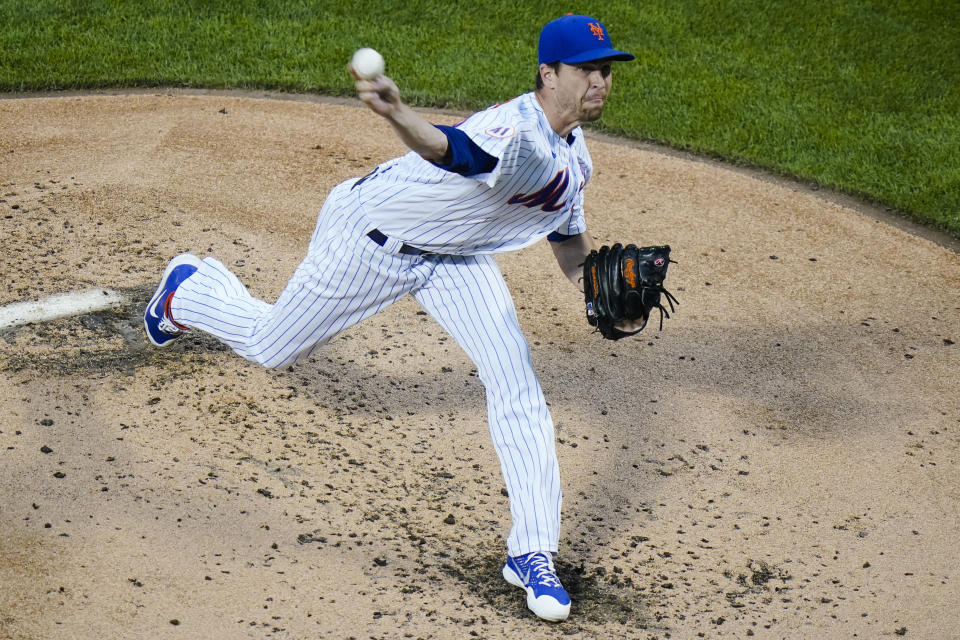 New York Mets' Jacob deGrom delivers a pitch during the third inning of a baseball game against the San Diego Padres, Friday, June 11, 2021, in New York. (AP Photo/Frank Franklin II)