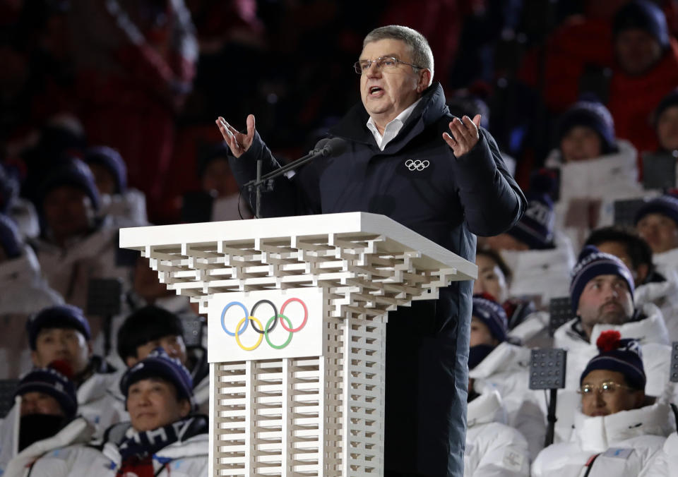 FILE - In this Friday, Feb. 9, 2018 file photo, IOC president Thomas Bach speaks during the opening ceremony of the 2018 Winter Olympics in Pyeongchang, South Korea. Bach said in Jakarta, Saturday, Sept. 1, 2018, that he isn't certain if, or when, esports might be incorporated into the Olympic Games. (AP Photo/Vadim Ghirda,File)
