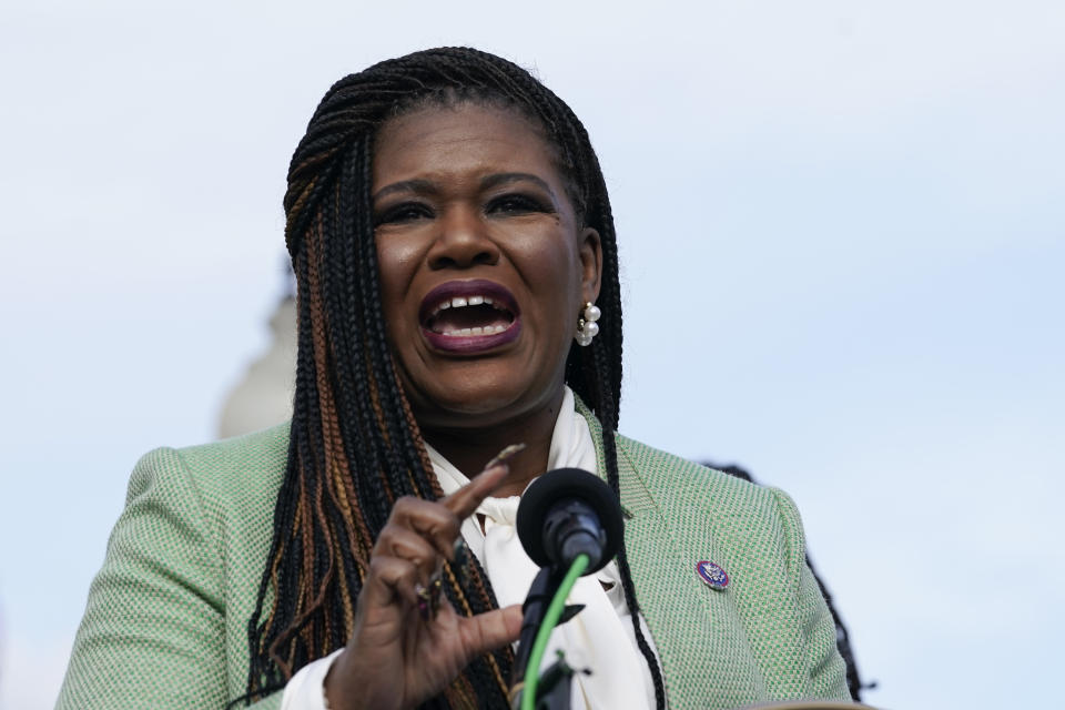 FILE - Rep. Cori Bush, D-Mo., speaks during a news conference, Dec. 8, 2022, on Capitol Hill in Washington. St. Louis County Prosecuting Attorney Wesley Bell announced Monday, Oct. 30, 2023 he will drop his bid to unseat Republican U.S. Sen. Josh Hawley in 2024, and will instead make a run at a fellow Democrat in Congress — Cori Bush. (AP Photo/Mariam Zuhaib, file)