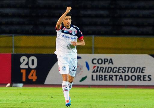 Nicolas Blandi de San Lorenzo de Argentina festeja un gol en la Copa Libertadores de América el 27 de marzo de 2014 (AFP/Archivos | Juan Cevallos)