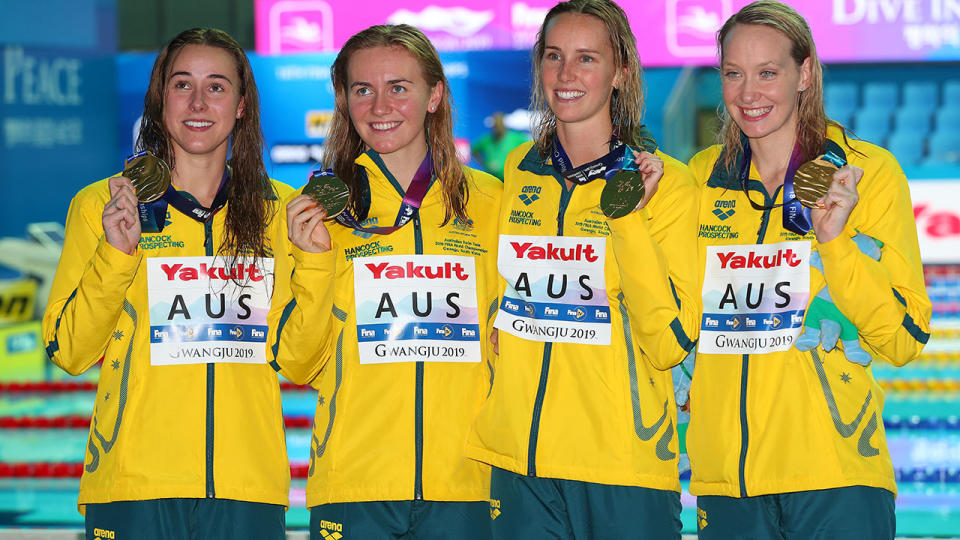 Brianna Throssel, Ariarne Titmus, Emma McKeon and Madison Wilson won gold in the 4x200m relay at the world championships. (Photo by Catherine Ivill/Getty Images)