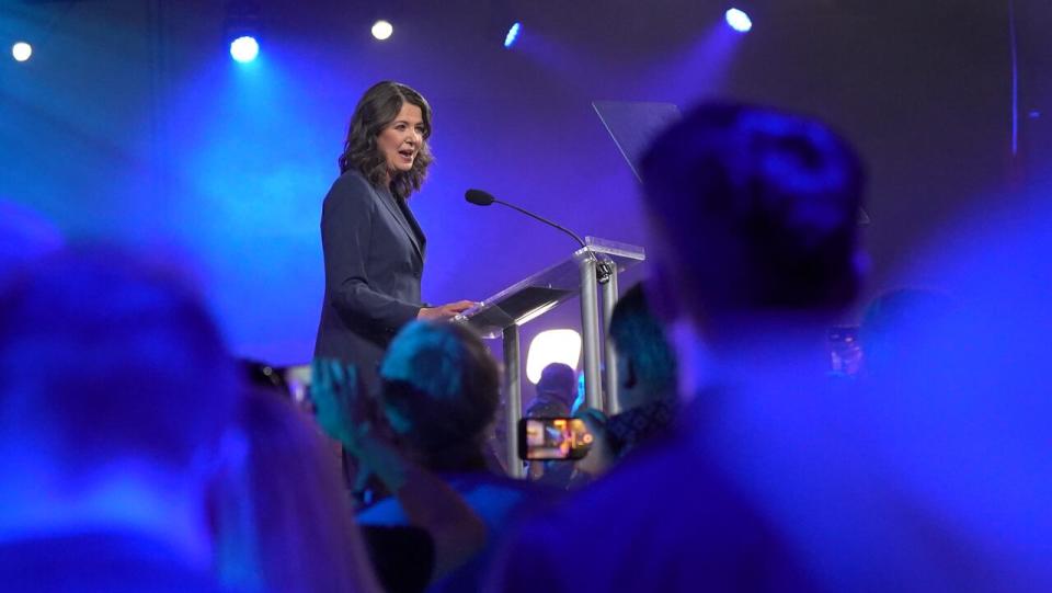 Alberta Premier Danielle Smith delivers a victory speech Monday night in Calgary.