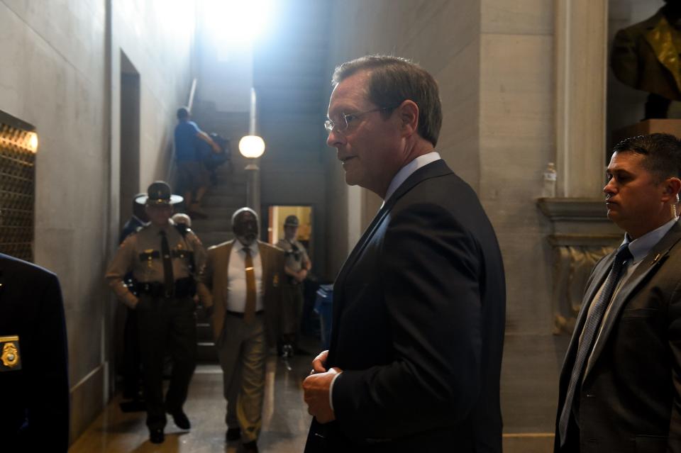 Speaker Cameron Sexton arrives for the first day of Tennessee's special legislative session on public safety in Nashville, Tenn., Monday, Aug. 21, 2023.