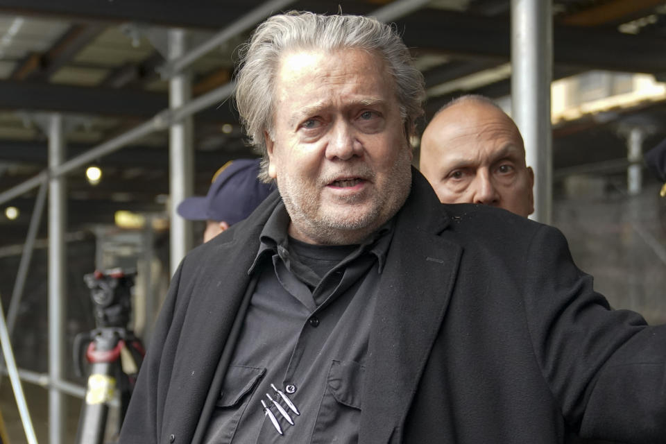 Steve Bannon speaks to reporters as he leaves Manhattan Supreme Court, Tuesday, Feb. 28, 2023, in New York. Bannon is accused of fraud in connection with a charity raising money for a wall on the southern U.S. border. (AP Photo/Mary Altaffer)