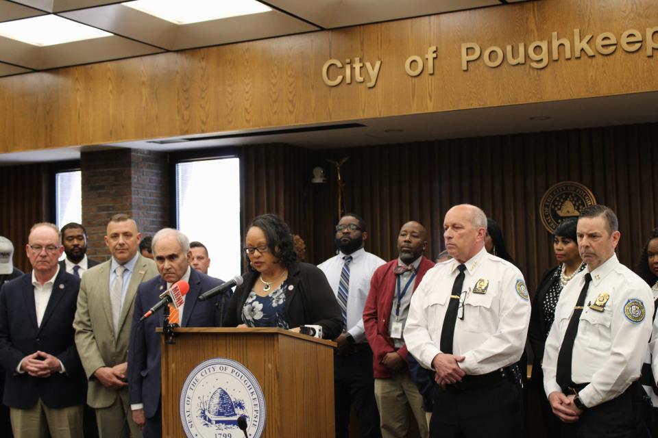 Poughkeepsie Mayor Yvonne Flowers addresses the community Thursday, May 2, 2024, at Poughkeepsie City Hall, calling for an end to gun violence in the city.