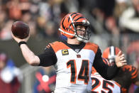 Cincinnati Bengals quarterback Andy Dalton throws during the first half of an NFL football game against the Cleveland Browns, Sunday, Dec. 8, 2019, in Cleveland. (AP Photo/David Richard)