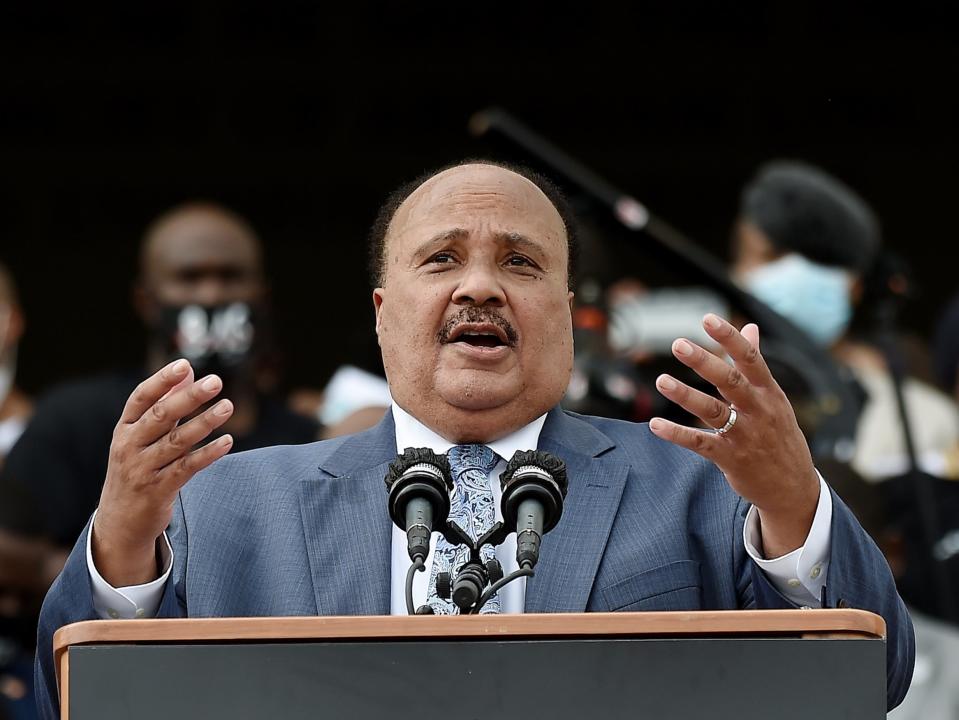 Martin Luther King III speaks during the March on Washington at the Lincoln Memorial on 28 August, 2020 in Washington, DC. Mr King is expected to lead a march this 28 August to protest voter suppression. (Getty Images)