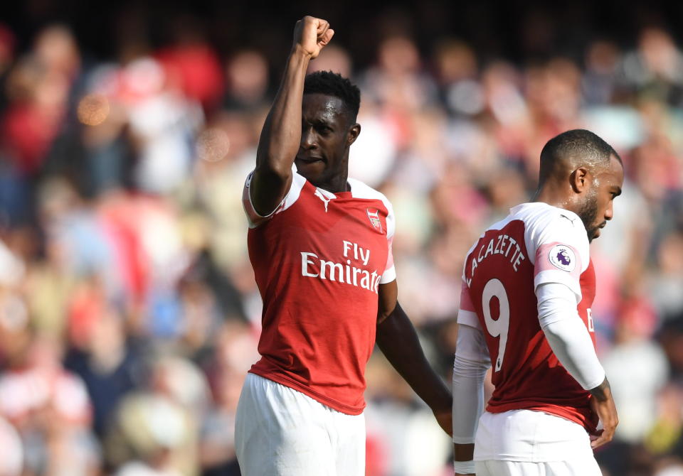 Arsenal’s Danny Welbeck celebrates after scoring a goal during the English Premier League match