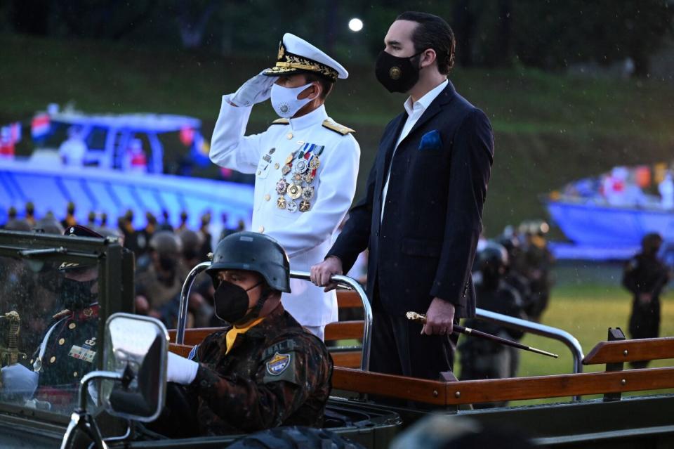 Bukele in a military parade.