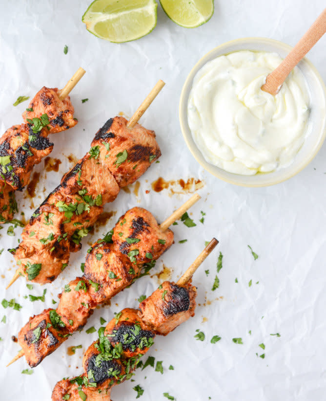 <strong>Get the <a href="http://www.howsweeteats.com/2015/01/chili-garlic-chicken-skewers-with-greek-yogurt-dip/" target="_blank">Chili Garlic Chicken Skewers with Yogurt Sauce recipe</a> from How Sweet It Is</strong>