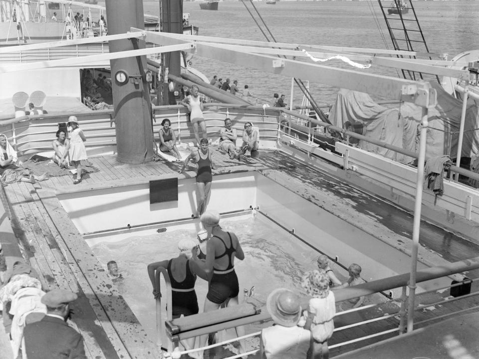 Passengers making use of the swimming pool on board the luxury Orient liner Orontes.