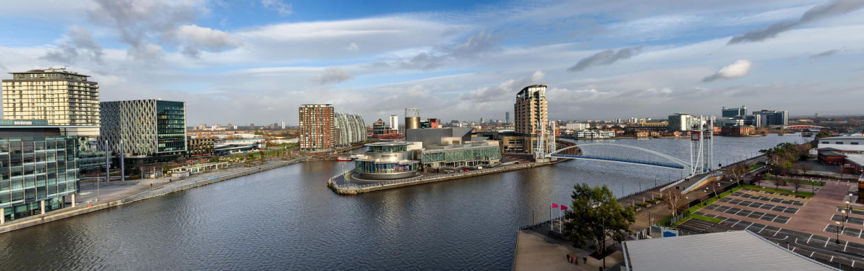 Panoramic aerial view of Salford Quays , Manchester, UK